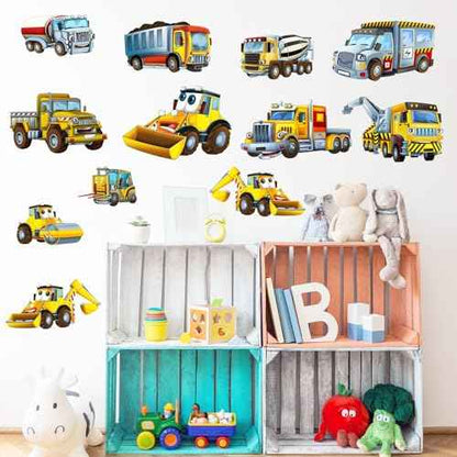 Large Construction Cars Wall Stickers 12 PCS Truck Wall Decals for Kids Room, Cartoon Excavators & Rollers Wall Decor Posters Lovely Vehicles Art Murals Decorations for Nursery Playroom