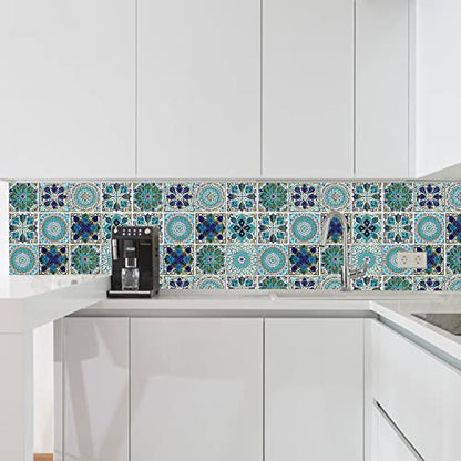24Pcs Peel and Stick Tile Stickers, 4x4 Bathroom & Kitchen Backsplash Tile Decals Waterproof Self-Adhesive Square Vinyl Wall Decals Mandala Style Wall Decor (Best When adhered to Tiles