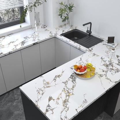 White Gold Marble self adhesive Contact Paper kitchen Granite Countertops peel and stick Wallpaper 118x16inch Removable sticky laminate Wall paper Vinyl Wrap Counter top cabinet decor table desk paper