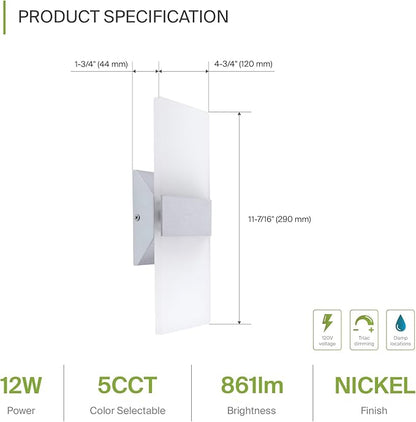ASD 12 Inch LED Indoor Wall Sconce - Modern Interior 12W 2700K-5000K Adjustable Dimmable Wall Mounted Light Fixtures, Acrylic Glass Wall Lights for Stairway, Hallway - UL, Brushed Nickel