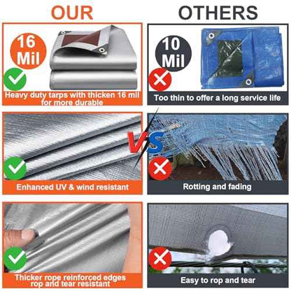 Tarp Waterproof 12x20 Ft Heavy Duty Tarp Thicker 16 Mil Large Tarps with Brass Grommets and Reinforced Edges, UV&Fade Resistant Tear Resistant Plastic Tarp for Outdoor Camping Roof Pool Tent