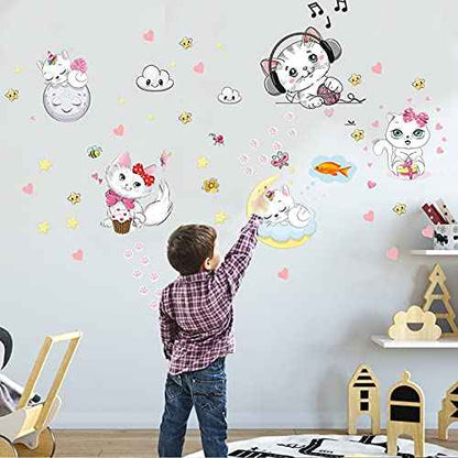 Glow in The Dark Stars for Room,Cats Glowing Wall/Ceiling Decals, Kitten Butterflies Stickers for Kids Bedroom, Clouds Bees Luminous Wall Decor for Boy and Girl Living Room