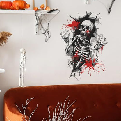 Halloween Wall Decor 3D Horror Skeleton with Blood Wall Decals for Living Room Self-Adhesive Removable Skeleton Wall Stickers for Home Room Bedroom Wall Art Halloween Party Decorations