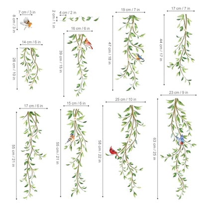 wondever Hanging Green Vine Wall Stickers Plants Leaves White Floral Birds Peel and Stick Wall Art Decals for Bedroom Living Room Sofa