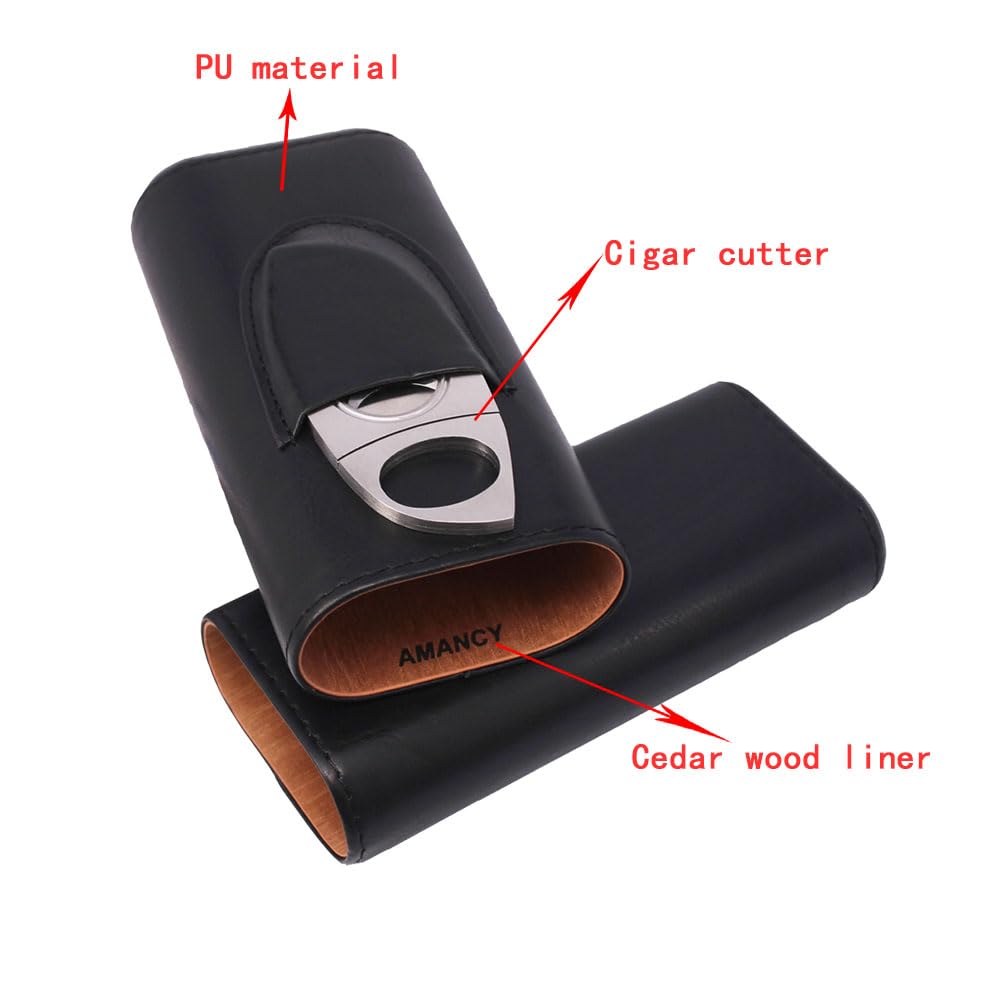 AMANCY Soft Leather Cigar Case - Travel Humidor Accessories with Cutter and Small Humidifier - 3-Finger Portable Cigar Carrying Case, Black