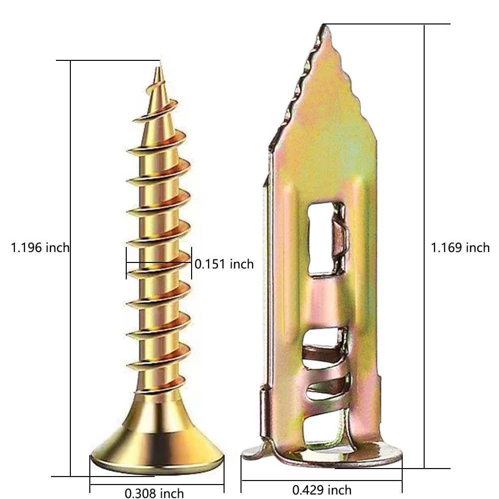 Wensilon #8 300pcs self-Drilling Drywall Anchors Galvanized Yellow - no Drilling or Wall Drilling 150 Anchors + 150 Screws