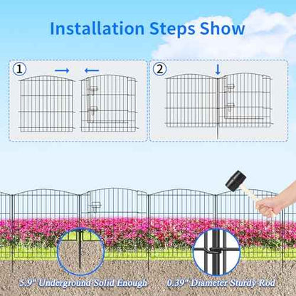INJOPEXI Decorative Garden Fence 6 Panels 11.8ft (L)¡¿24in (H) with 5 Panels 1 Gate Rustproof Wire No Dig Animal Barrier Fencing for Outdoor Backyard Black