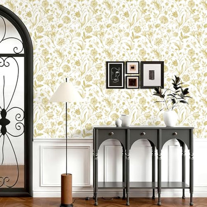 Floral Peel and Stick Wallpaper White and Gold Contact Paper 16.9inch x 118.1inch Boho Wall Paper Peel and Stick Flower Self Adhesive Wallpaper Removable Gold Floral Furniture Decorative Vinyl