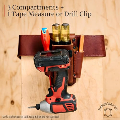 FESA Small Leather Tool Pouch - 4-in-1 Heavy Top Grain Leather Small Tool Pouch with a Tape Measure Holder, 3 Pockets & Reinforced Heavy Duty Rivets - Fits Belts up to 3" - Handcrafted