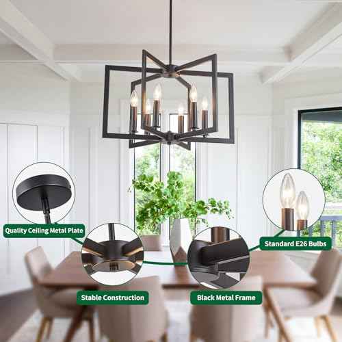 Dining Room Light Fixture, Modern Black Chandelier Farmhouse Metal Pendant Light for Foyer Enteyway Living Room Kitchen Island, 6 Wrought Iron Lights E12 Bulbs, Height Adjustable, 21.2 inch