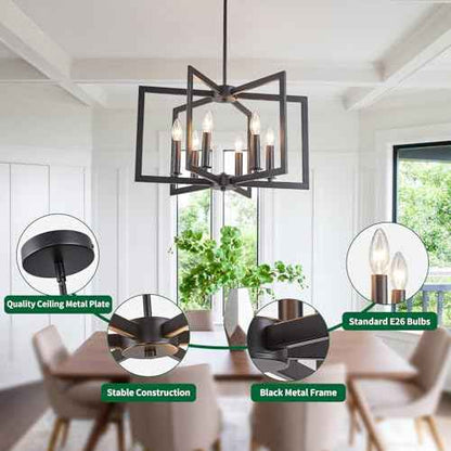 Dining Room Light Fixture, Modern Black Chandelier Farmhouse Metal Pendant Light for Foyer Enteyway Living Room Kitchen Island, 6 Wrought Iron Lights E12 Bulbs, Height Adjustable, 21.2 inch