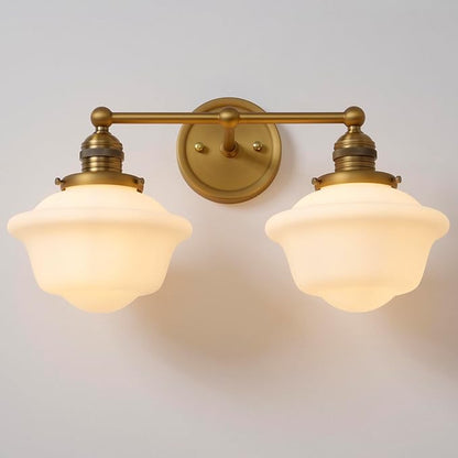 Vintage 2-Lights Wall Sconce Lights Brass Gold Bathroom Vanity Light with Milk Glass Double Sconce Wall Mounted Lamp for Bedroom Living Room Bathroom Mirror Kitchen Hallway Hardwire