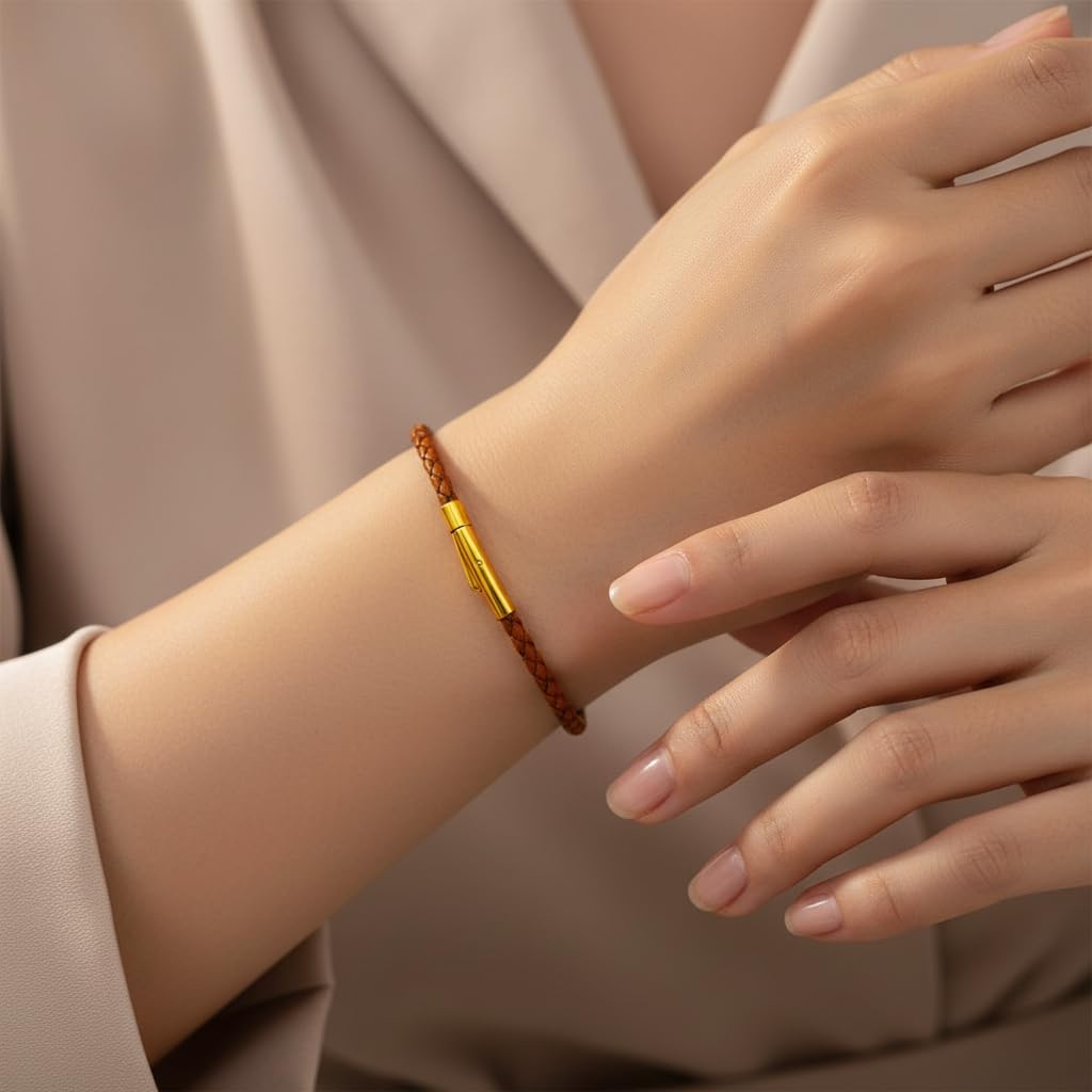 Leporem Real Leather Wristband 7.9 Inch Unisex 18K Gold Push Lock Clasp Bracelet Minimalist Wristlet Luxury Gift Box (Brown, 7.9 Inch)