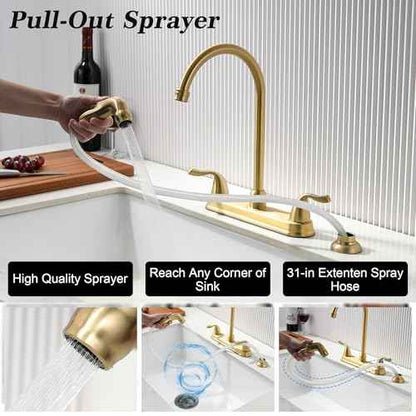Gold Kitchen Faucet with Side Sprayer - 2 Handles 8 Inches Centerset Sink Faucets 3 or 4 Hole RV Kitchen Sink Faucet Commercial Lead-Free Utility Faucet with High Pressure Sprayer & Water Hose