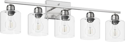Modern Brushed Nickel 5 Light Bathroom Vanity Light, 31 inch Bathroom Light Fixtures with Clear Glass for Mirror Kitchen Living Room Hallway Cabinet Porch