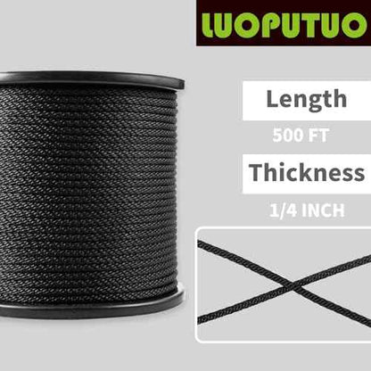 1/4 Inch 500FT Black Polyester Solid Braid Rope | High UV & Abrasion Resistance | Industrial Grade, Low Stretch | Multipurpose for Flag Poles, Clotheslines
