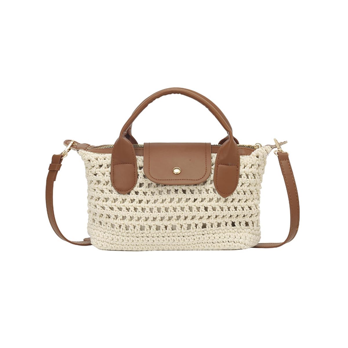 Crochet Crossbody Bags for Women Summer Beach Handbag Small Woven Tote Purse with Leather Top Handle White