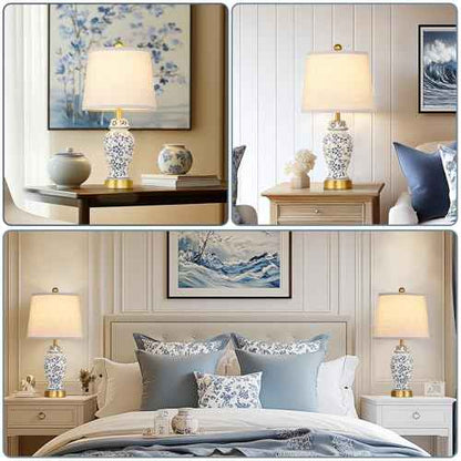 RORIANO Chinoiserie Ceramic Table Lamps Set of 2 for Living Room Bedroom Bedside, Traditional Blue Porcelain Classic Table Lamp for Nightstand Entryway, 2 LED Bulbs Included (Gold)