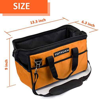 Tool Bag 13 Inch Waterproof Orange Tool Organizer with Wide Mouth and Shoulder Strap for Power and Small Hand Tools Oxford Cloth Fabric(18 Pockets)
