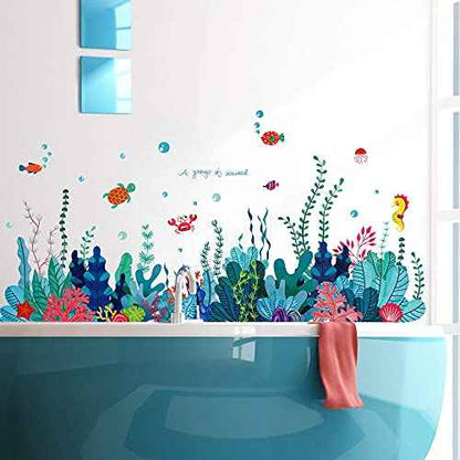 Removable 3D Under The Sea View Grass Wall Decal - DIY Ocean Coral Seaweed Stickers Murals - Peel and Stick Home Decor for Kids Bedroom, Bathroom, Girl Nursery Corner Decoration