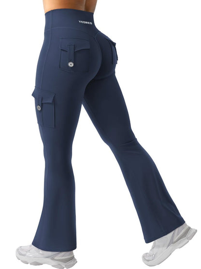 YEOREO CoreFlex Women Workout Flare Leggings with Pockets Scrunch Cargo Gym Yoga Leggings Blue Navy M