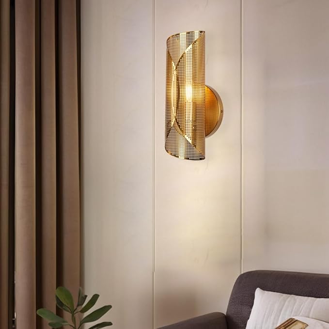Industrial Cylindrical Aged Brass Curved Perforated Wall Sconce, 21 Inch Hand-Made Wall Mounted Light, Luxury Wall Light for Hallway, Bedroom, Living Room (1-Light)