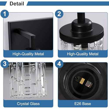 Black Vanity Light, 3 Light Crystal Modern Farmhouse Bathroom Lights, with Clear Glass Shade, Rustic Bathroom Light Fixtures, Black Bathrooms Wall Light Over Mirror for Living Room, Bedroom, Hallway