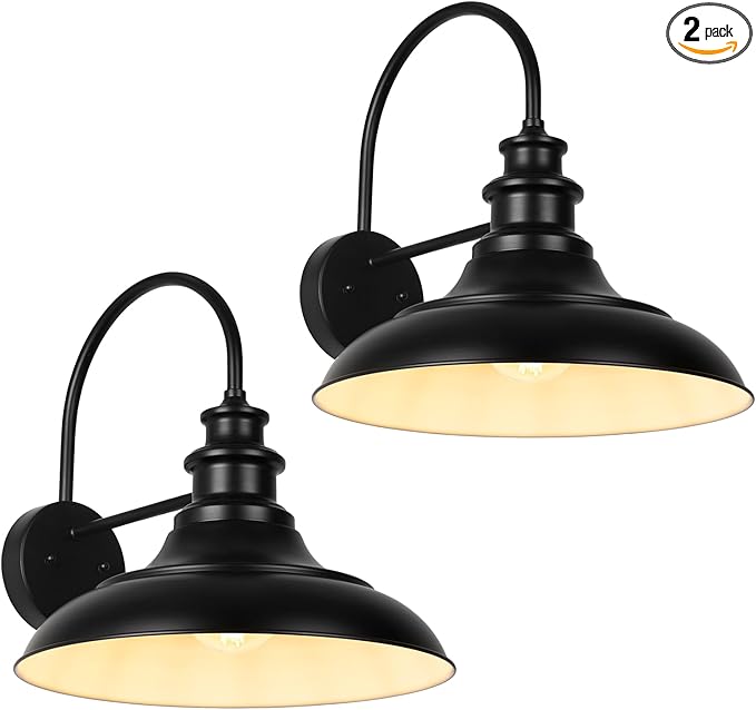 Outdoor Barn Light Fixtures, 16 Inch Large Dome Farmhouse Exterior Wall Mount Lights, Rustic Gooseneck Wall Sconces Indoor Wall Lighting, Industrial Black White Lanterns for Porch, 2 Pack