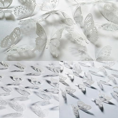 Ewong 54Pcs White 3D Butterfly Wall Decor - Butterfly Decoration Party Cake Decorative - Removable Waterproof Wall Decal Birthday Home Room Decor Bathroom Bedroom Sticker & Murals
