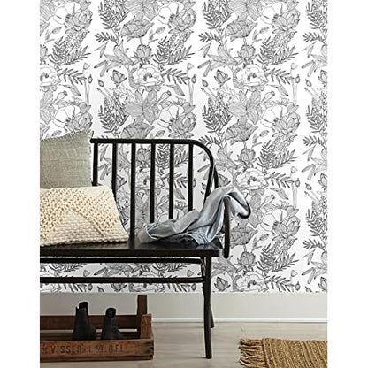 Blooming Wall Black White Elegant Modern Lotus Lily Leaf Peel and Stick Wallpaper Self-Adhesive Prepasted Wallpaper Wall Mural Wall Decor (17.7¡°x118¡±, Black/White)