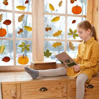 Autumnal leaves Window Decal,Autumn Theme Vinyl Window Sticker,Removable Autumn decor For Children'S Room, Classroom, And Daycare Centers Fall Thanksgiving Party Supplies (Pumpkin-Themed Window Decal)