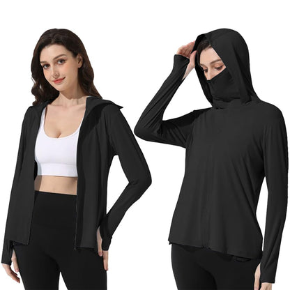 Mingyuezai Women's UPF 50+ Sun Protection Jacket UV Lightweight Hooded SPF Long Sleeve Sun Shirt(Z3724BK,XS)