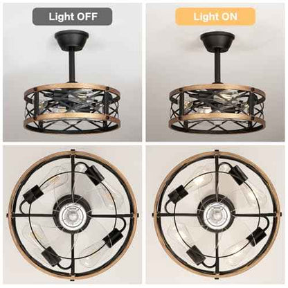 16.5" Farmhouse Caged Fandelier Ceiling Fan with Light, Rustic Bladeless Small Ceiling Fans with Lights and Remote, Modern Enclosed Ceiling Fan with Light for Kitchen, Bedroom, Small Room