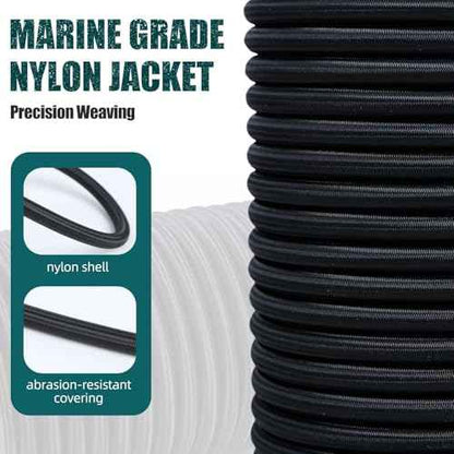 Strong and Durable Bungee Cord - 3/8" x 100ft Elastic Cord, Kayak Stretch String Rope, Bungee Shock Cords for Repairing Tent Poles, DIY, Tie Downs, Black