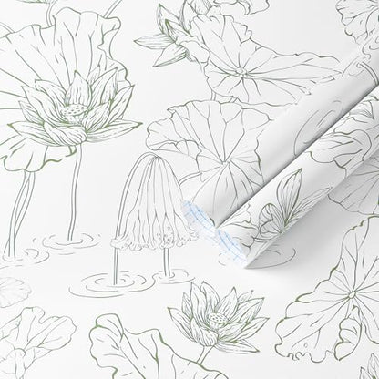 Safiyya Peel and Stick Wallpaper Green and White Floral Contact Paper Peel and Stick Wall Paper Lotus Modern Self Adhesive Removable Wallpaper for Bedroom Covering Vinyl Rolls 17.3" x 78.7"