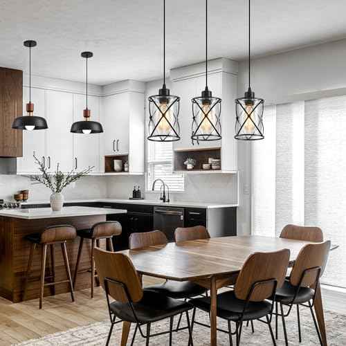 3-Lights Industrial Pendant Light with Glass Shade Matte Black Pendant Lighting Adjustable Industrial Retro Style Hanging Light Fixture for Kitchen, Farmhouse