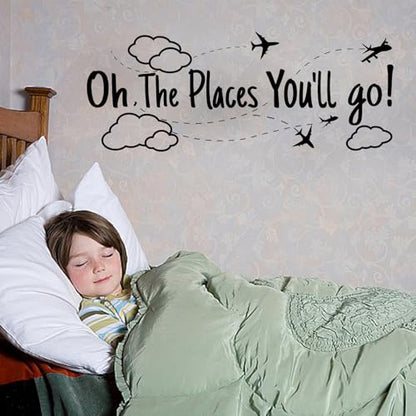 SUPERDANT Black PVC Travel Wall Stickers Oh The Places You Will Go Vinyl Wall Decor Inspirational Motivational Quotes Decals for Home Bedroom Office Decoration School Dormitory Decor 30x11.4in