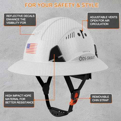 Structure Full Brim Hard Hat with Glasses and Cooling Towel Adjustable Ventilation Reflective Helmet ANSI Z89.1 Type OSHA Approved 6 Point Hanging Helmet for Industrial