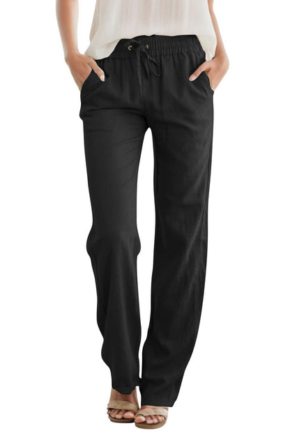 JEKAOYI Womens High Waist Casual Pants Drawstring Straight Leg Vacation Comfy Lounge Pocket Linen Trousers Black