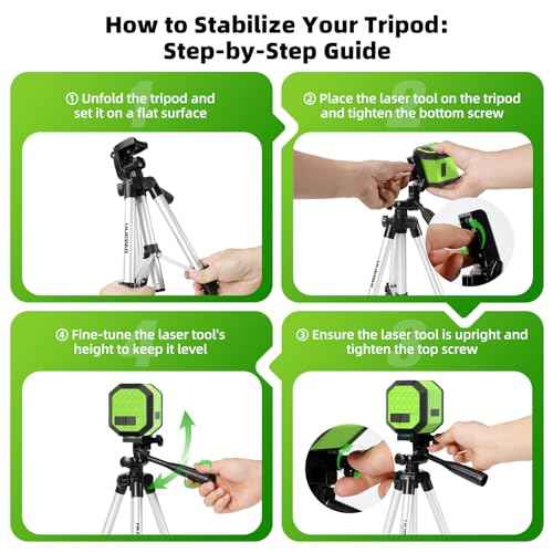 Laser Level with Tripod, HUEPAR 100Ft Self Leveling Laser Level Rechargeable Green Cross Line Laser Leveler Tool for Picture Hanging, Tile, Home Renovation, Carrying Bag Included (25.6 in Tripod)