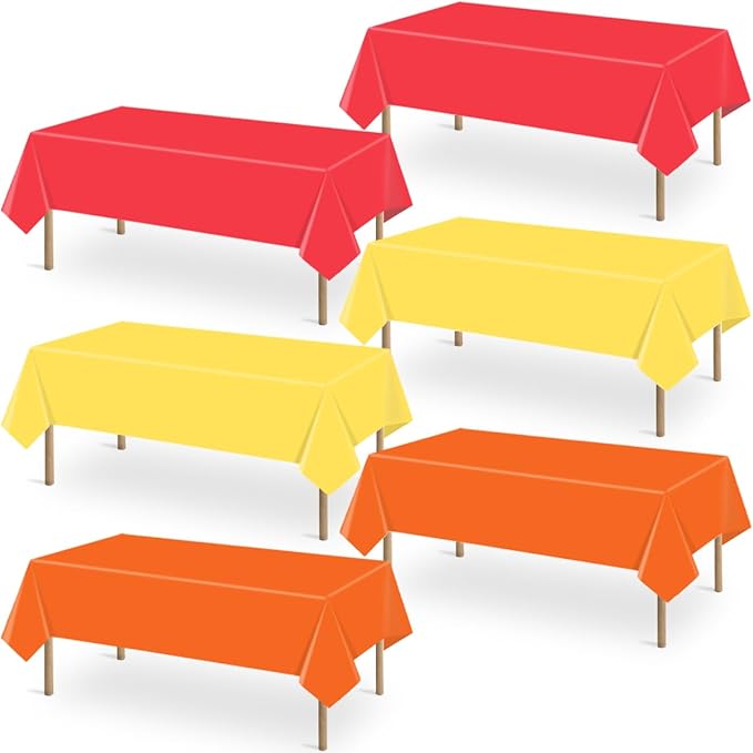 6 Packs Disposable Plastic Tablecloths Red Yellow and Orange Rectangle Waterproof Tablecloth Warm Color Table Covers for Halloween Christmas Children's Carnival Party Decoration,54 x 108 Inch