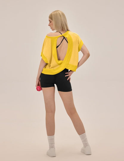 UNIANKIYA Open Back Workout Tops for Women Loose Fit Athletic Crop Tee Short Sleeve Gym Running Yoga Shirt Yellow