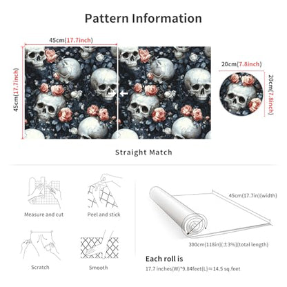 17.7"x118.1" Gothic Peel and Stick Floral Skull Wallpaper Sugar Skull Floral Vinyl Wallpaper for Bedroom Grey Black Pink Removable Accent Wall Decorations