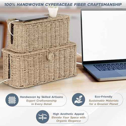 2-Pack Large Cable Management Box, Natural Rattan Cable Cord Organizer Boxes for Power Strip ? 2 Open Slots Cords Hider Box for TV Wires, Computer, Router, USB Hub and Under Desk Power Strip