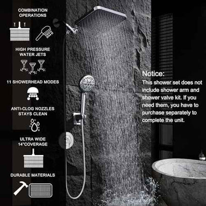 14''Rainfall Shower Head with Handheld-11Modes Hand held with Power Jets, Adjustable Rain Showerhead,Double Shower heads High Pressure,70"Hose&detachable Holder Upgrade for Tandem Bathroom