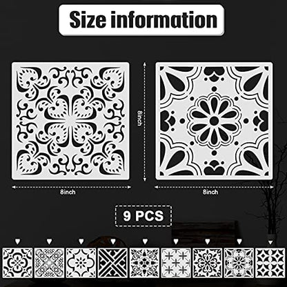 9 Pieces Floor Painting Stencils Large Tile Stencils Wall Drawing Pattern Templates Floor Stencils Kit in 9 Styles for Painting Linoleum Floor Wall Wood Tiles Cement Decor (Simple Style,8 x 8 Inch)