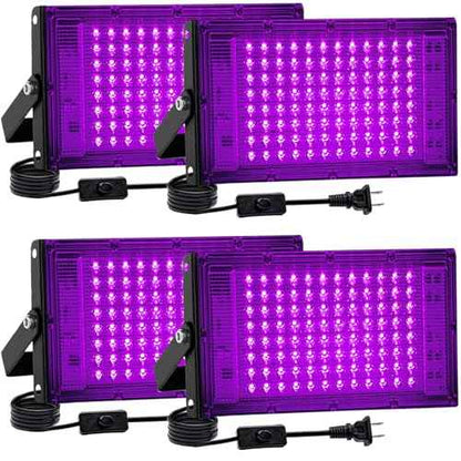 4 Pack 100W Black Light, LED Blacklight with US Plug and Switch, Black Lights for Glow None Party, Halloween,Body Painting,Fluorescent Painting and Tapestry