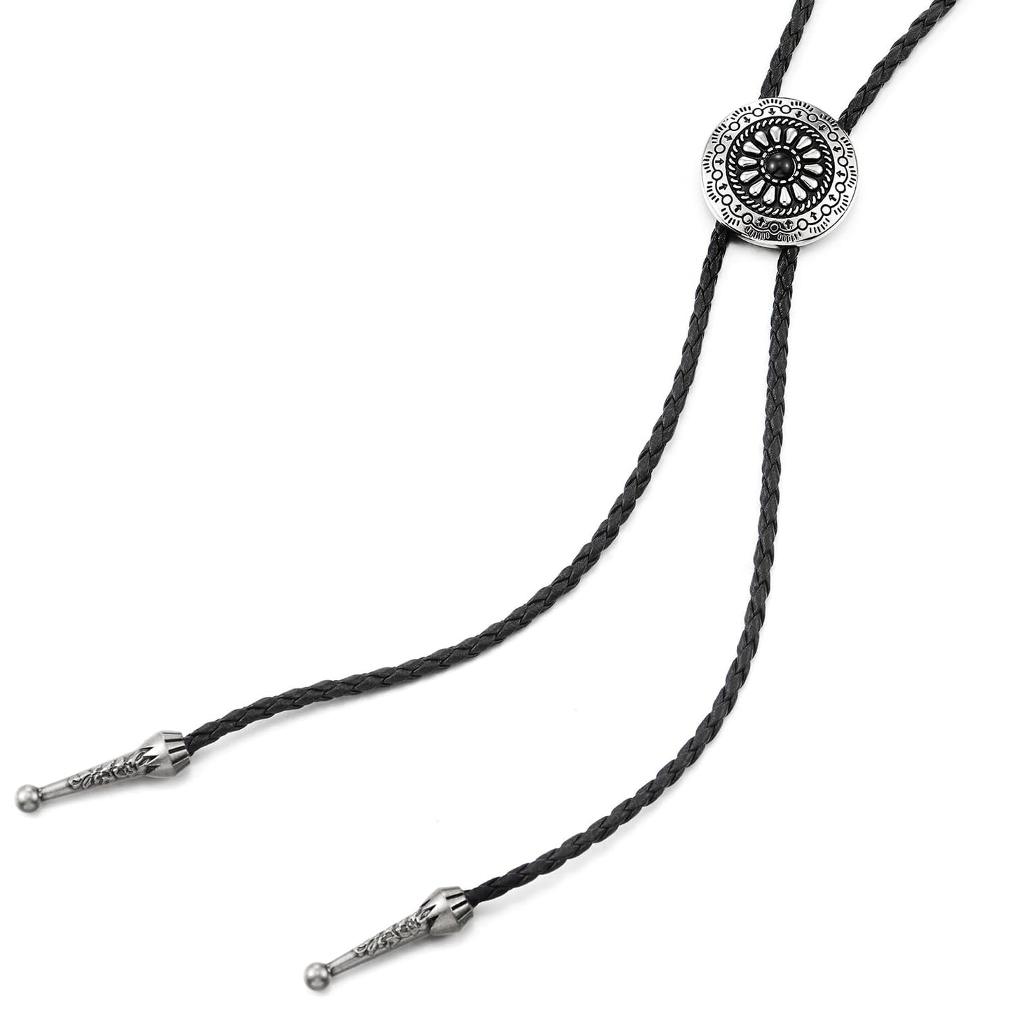 COOLSTEELANDBEYOND Vintage Medallion Sunburst Pattern Bolo Tie Necktie, Lariat Rodeo Y Necklace, Black Braided Leather