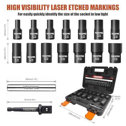 16PCS Bolt Extractor Set, 1/2" Drive Impact Twist Socket Set, Stripped Bolt Extractor for Removing Damaged, Frozen, Rusted, Rounded-Off Bolts, Nuts & Screws, Cr-Mo Steel