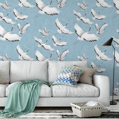 Peel and Stick Wallpaper for Home Decoration Kitchen White Crane Blue Wallpaper Removable Vinyl Self Adhesive Shelf Paper & Drawer Liner Roll House, Workshop & Office 17.3" x 79" TH8096-2